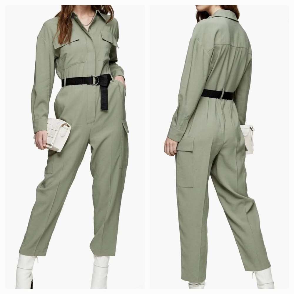 NEW Topshop Long Sleeve Belted Utility Boiler Jumpsuit Women's Size 10 Olive NWT